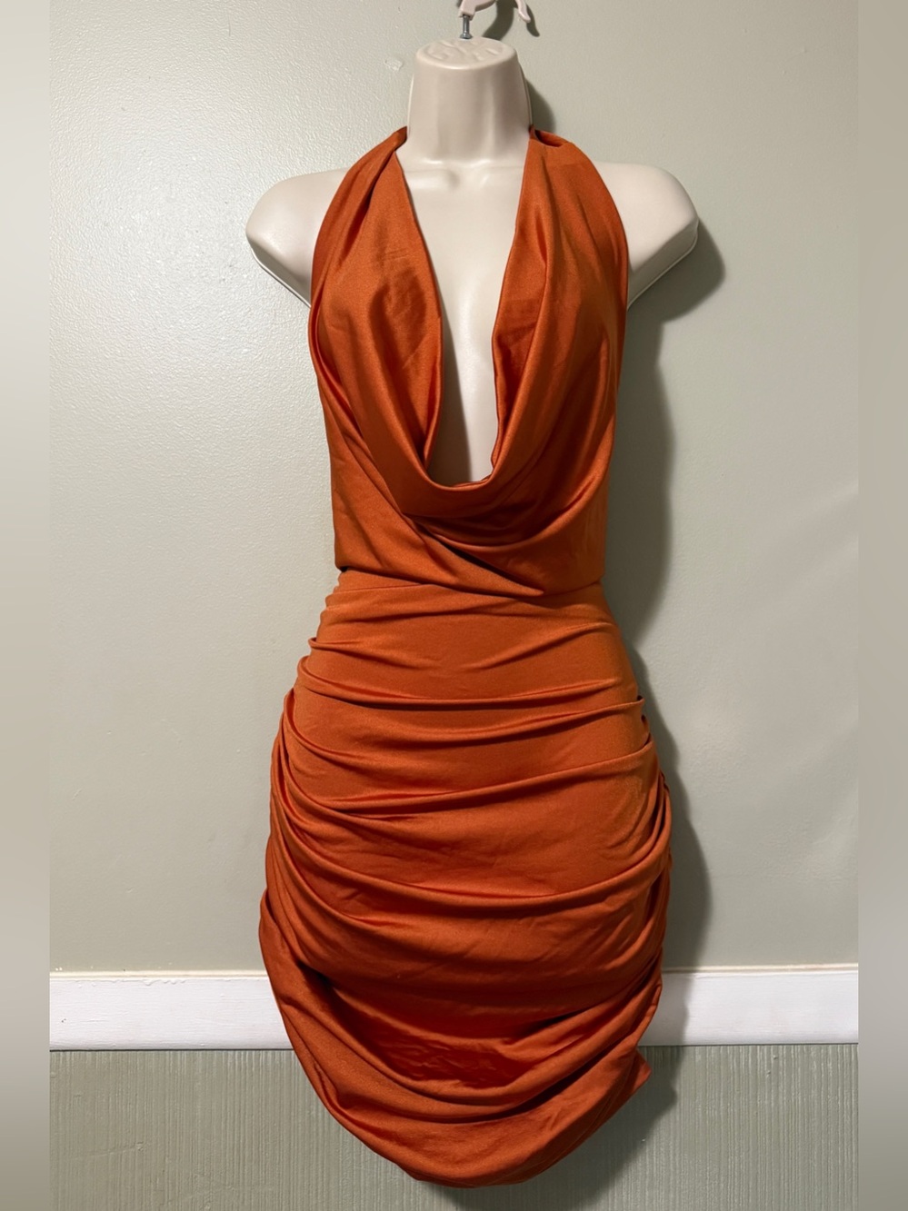 Dress Forum Burnt Orange Halter Cowl Neck Ruched Dress - Picture 2 of 7